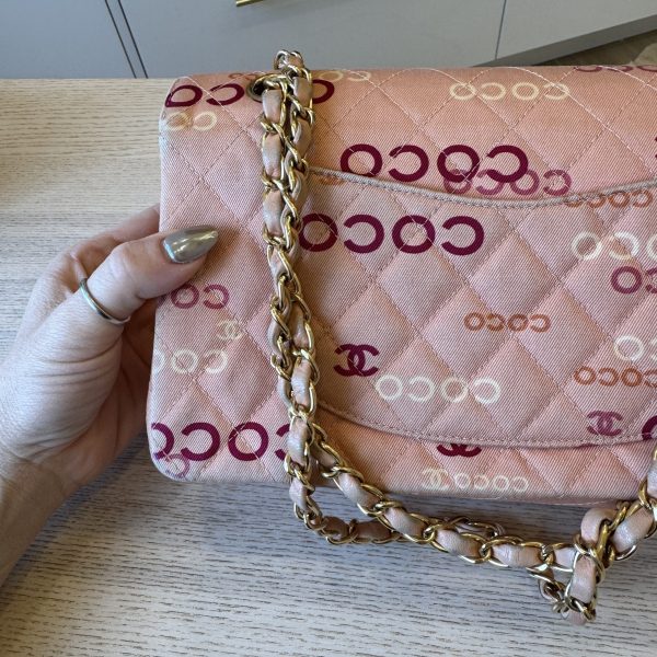 Chanel Pink Quilted Jersey Coco Printed Medium Double Flap Bag