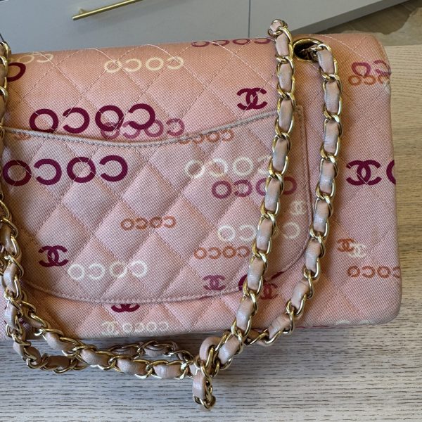 Chanel Pink Quilted Jersey Coco Printed Medium Double Flap Bag