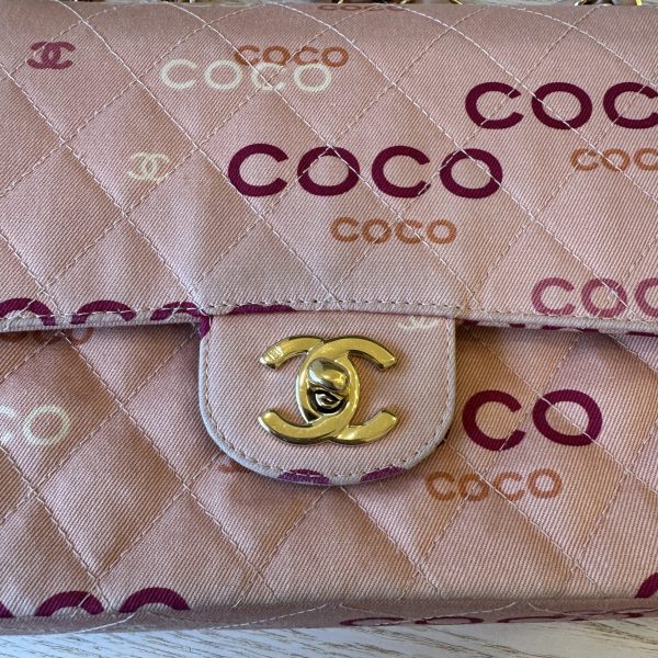 Chanel Pink Quilted Jersey Coco Printed Medium Double Flap Bag