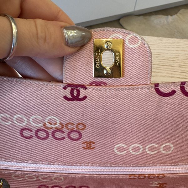 Chanel Pink Quilted Jersey Coco Printed Medium Double Flap Bag