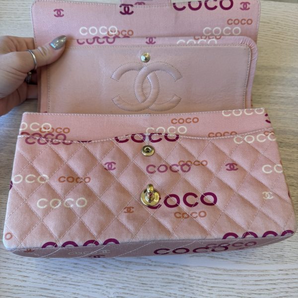 Chanel Pink Quilted Jersey Coco Printed Medium Double Flap Bag