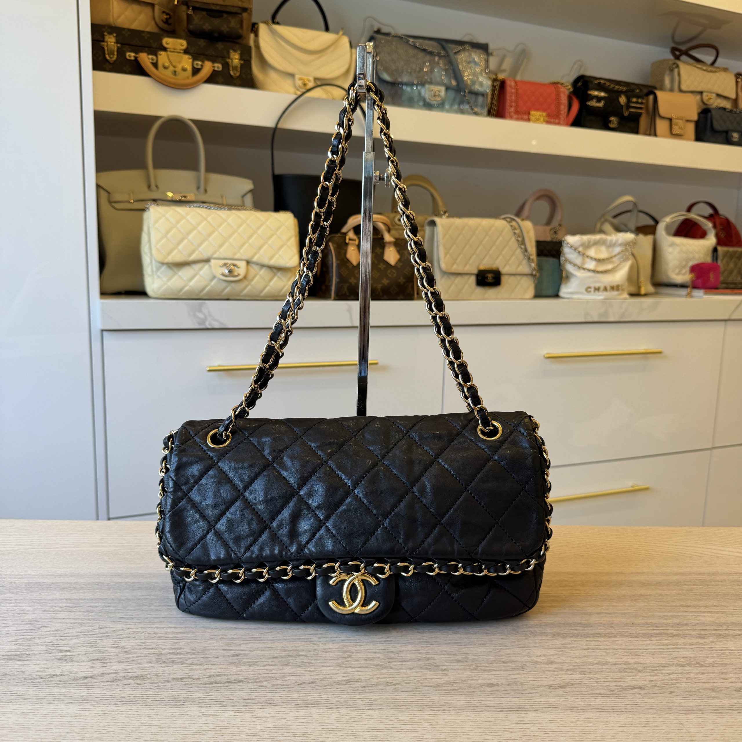 Chanel Chain Me Flap Bag Quilted Calfskin Medium Black Gold Hardware