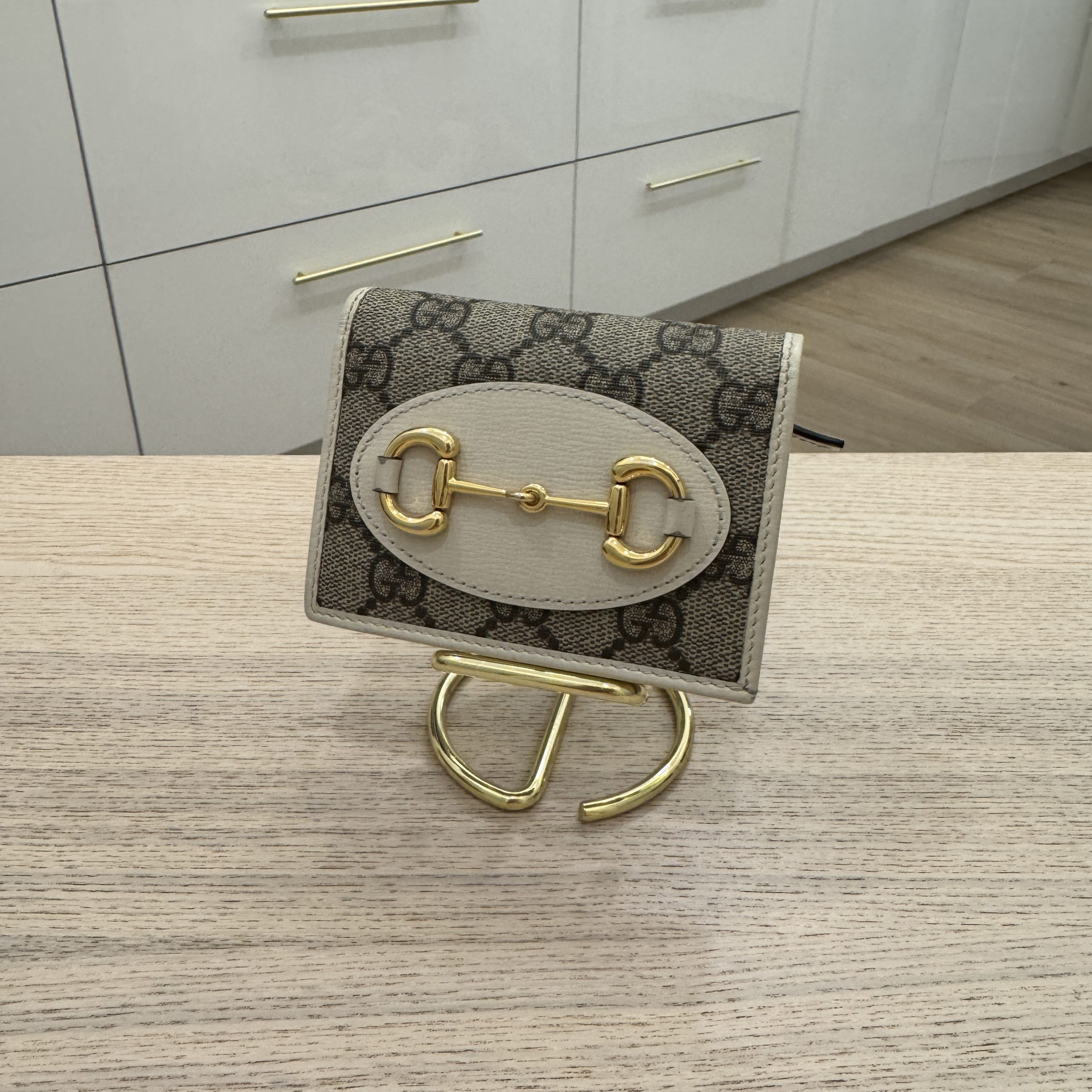 Gucci Card Case Wallet GG Print Horsebit Cream