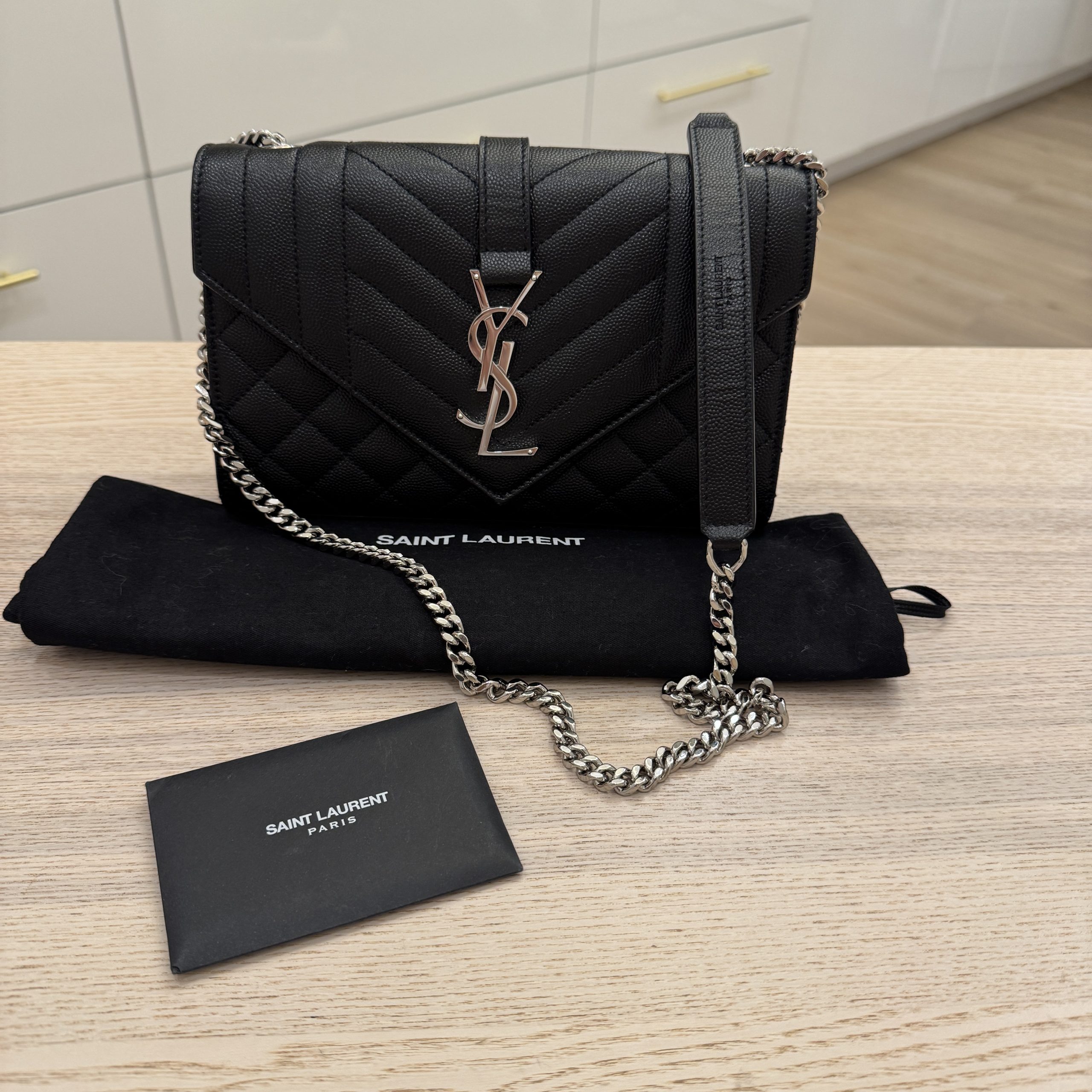 Saint Laurent (YSL) Envelope Triquilt Small YSL Shoulder Bag in Grained Leather Black Silver Hardware