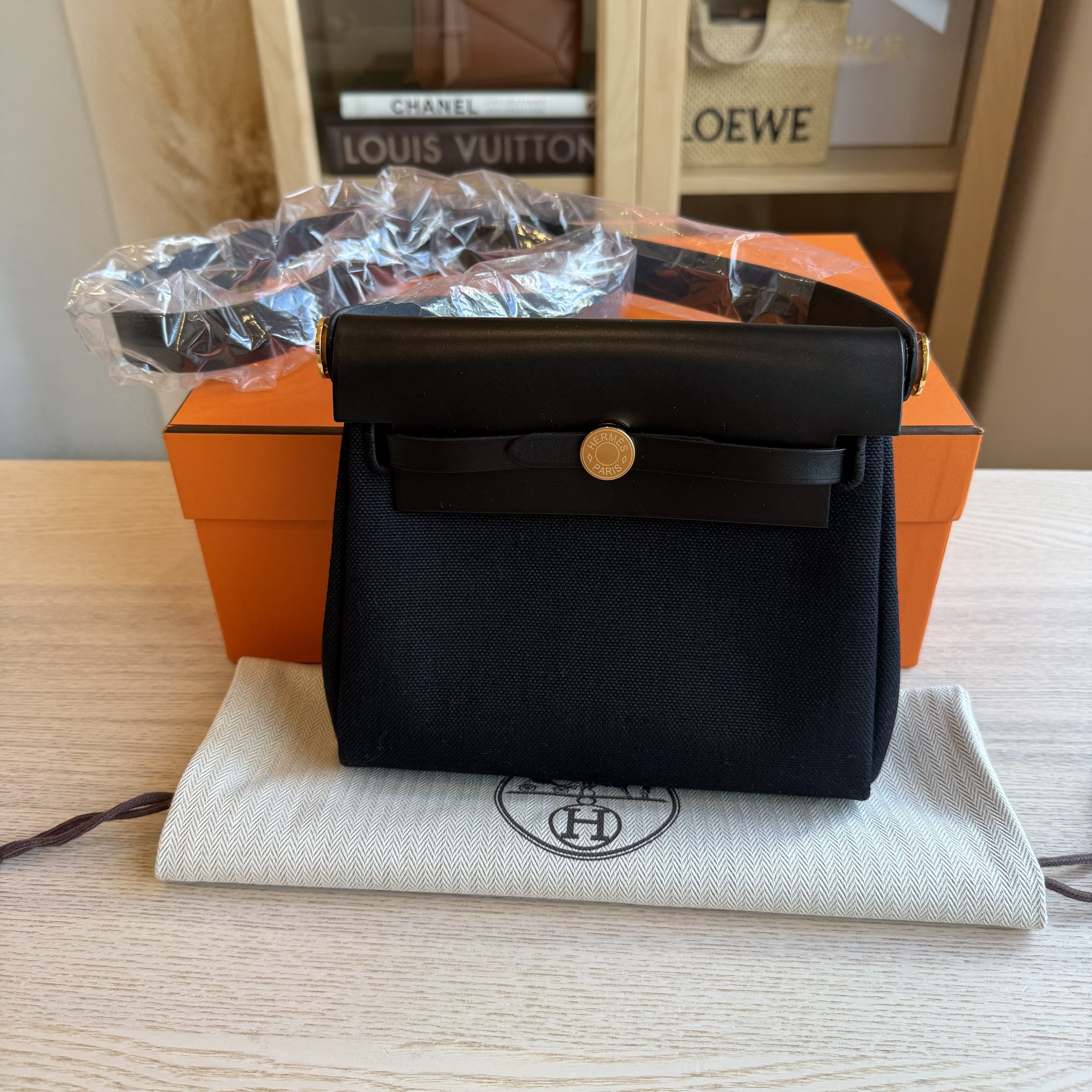 Hermes Herbag Zip Toile and Leather 20 Black Gold Hardware