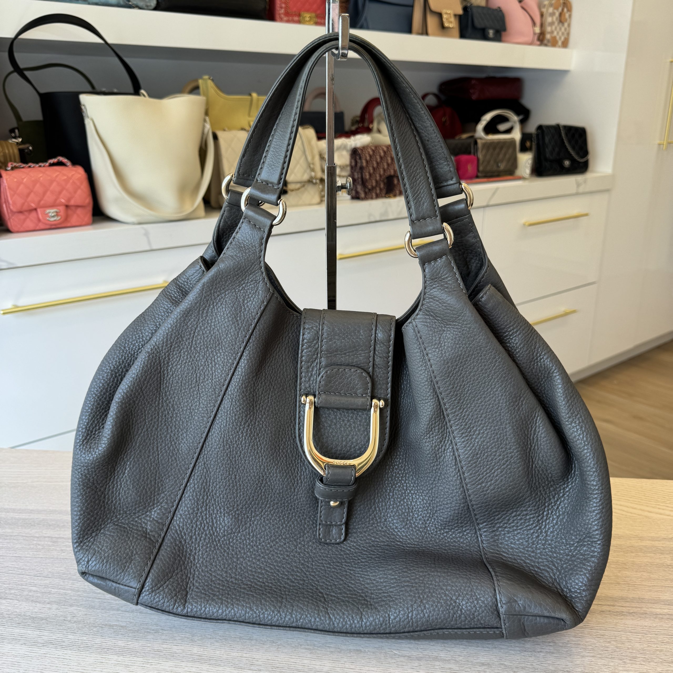 Gucci Grey Leather Pebbled Leather Greenwich Medium Shoulder Bag Grey
