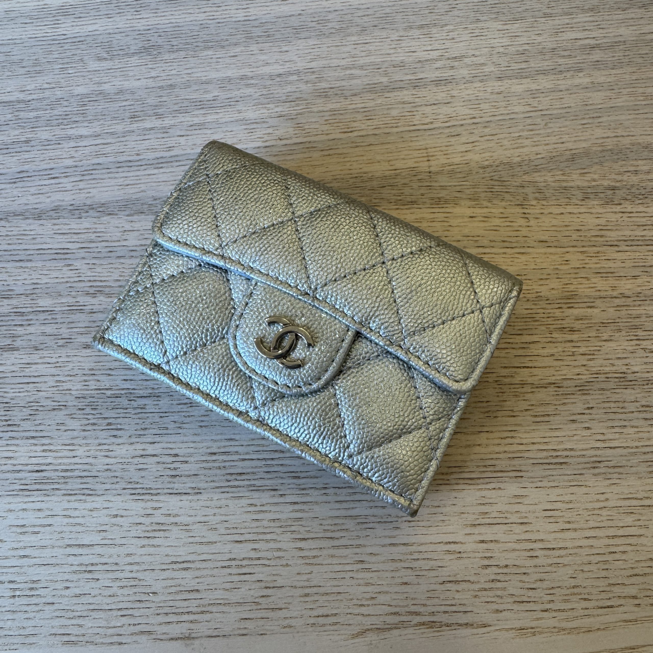 Chanel Caviar Quilted Double Flap Wallet Silver