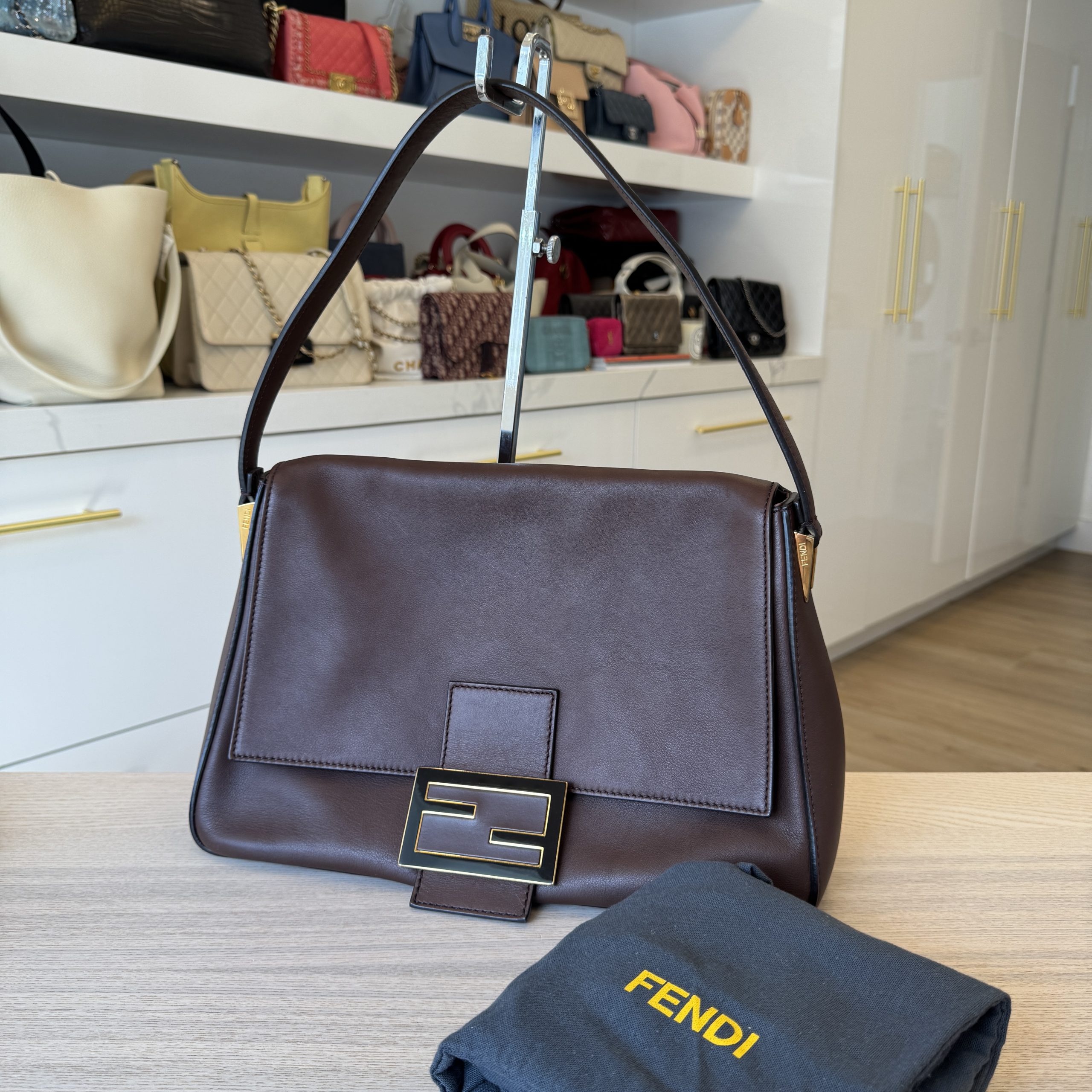 Fendi Vitello Flamingo Enamel Big Forever Mama Baguette Brown