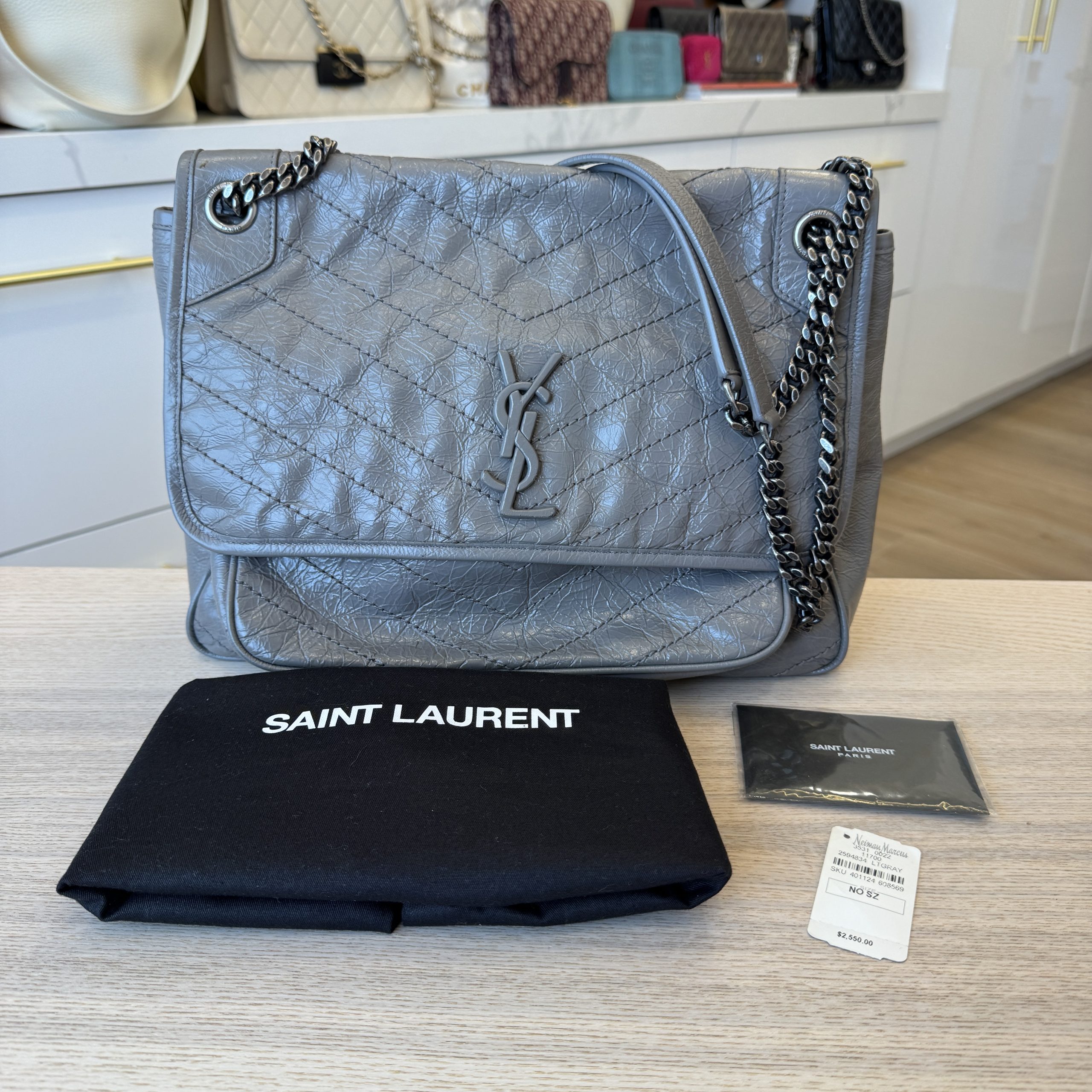 Saint Laurent Crinkled Calfskin Matelasse Monogram Large Niki Chain Satchel Grey
