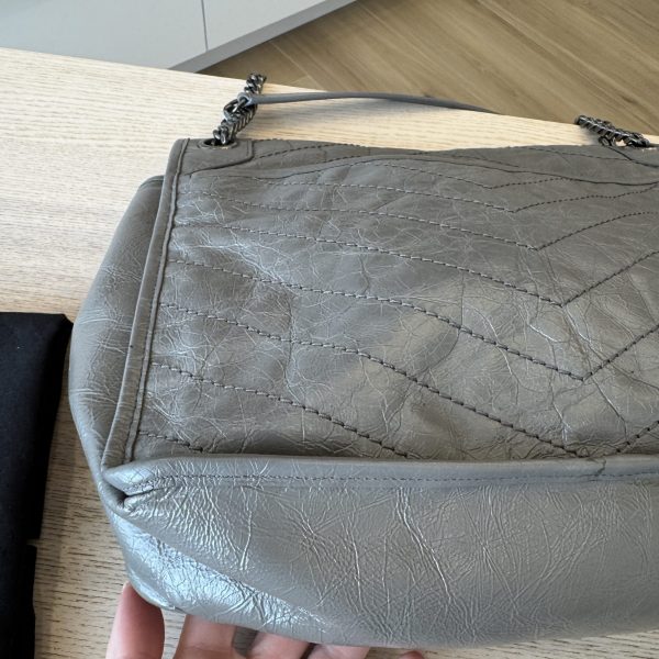 Saint Laurent Crinkled Calfskin Matelasse Monogram Large Niki Chain Satchel Grey