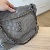 Saint Laurent Crinkled Calfskin Matelasse Monogram Large Niki Chain Satchel Grey
