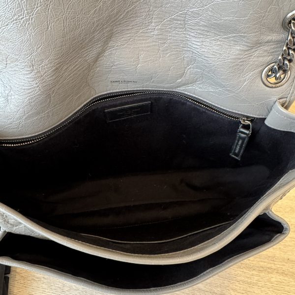 Saint Laurent Crinkled Calfskin Matelasse Monogram Large Niki Chain Satchel Grey
