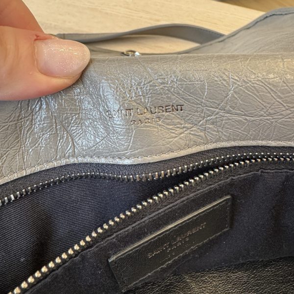 Saint Laurent Crinkled Calfskin Matelasse Monogram Large Niki Chain Satchel Grey