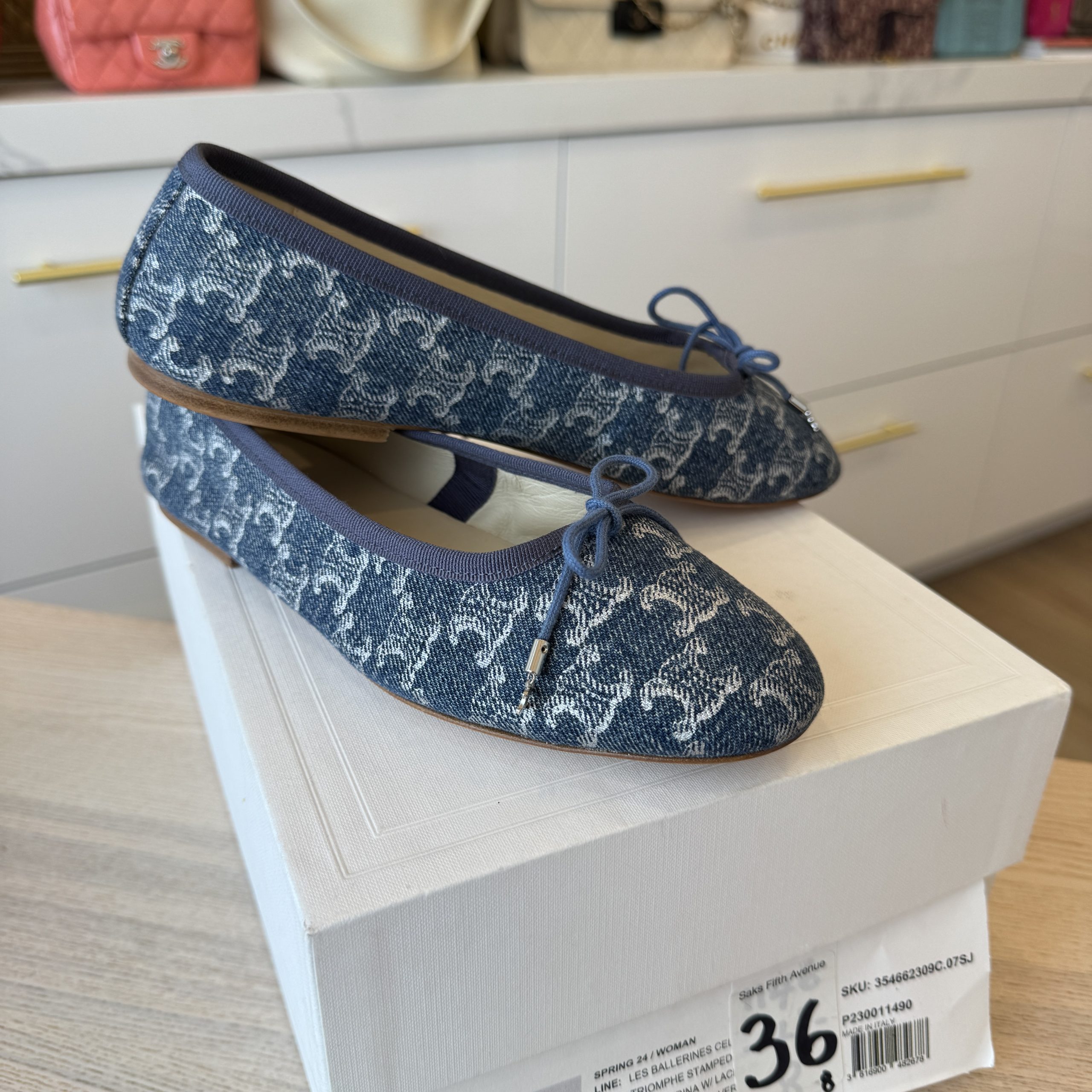 Celine Les Ballerines Celine with Triomphe Laces in Stamped Denim Size 38