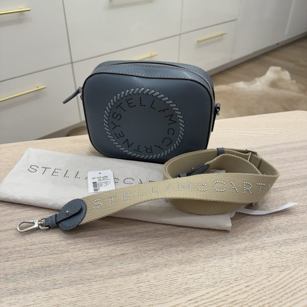 Stella McCartney Leather Logo Camera Bag Blue with Studded Strap