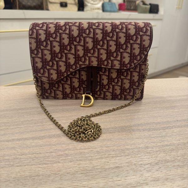 Christian Dior Saddle Chain Clutch Oblique Canvas Burgundy