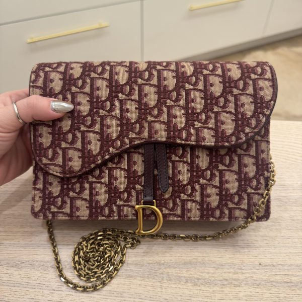 Christian Dior Saddle Chain Clutch Oblique Canvas Burgundy