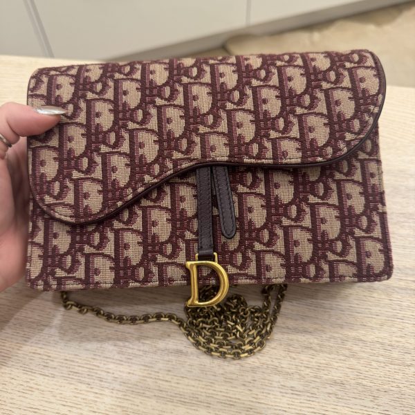 Christian Dior Saddle Chain Clutch Oblique Canvas Burgundy