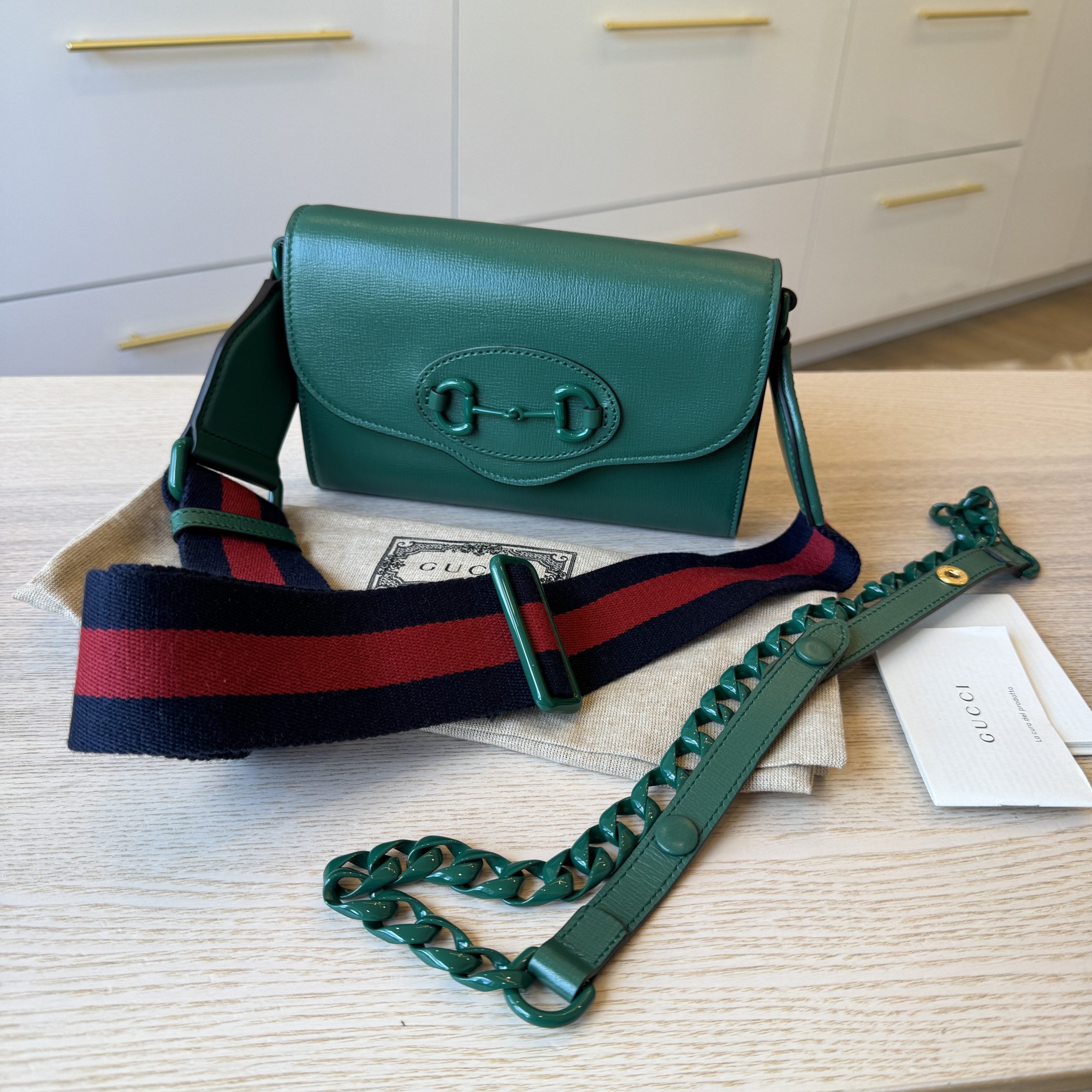 Louis Vuitton Azalea Calfskin Web Monochrome Mini Horsebit 1955 Chain Shoulder Bag Emerald
