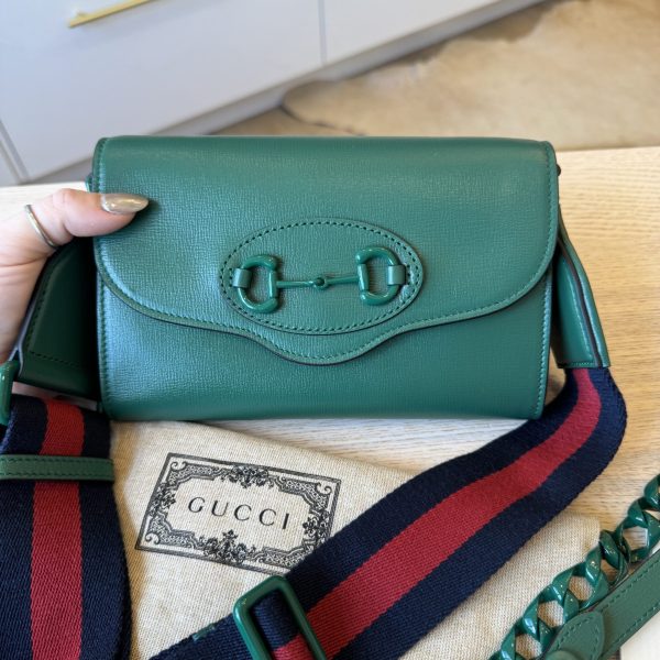 Louis Vuitton Azalea Calfskin Web Monochrome Mini Horsebit 1955 Chain Shoulder Bag Emerald