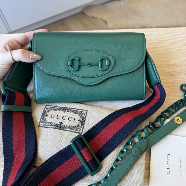 Louis Vuitton Azalea Calfskin Web Monochrome Mini Horsebit 1955 Chain Shoulder Bag Emerald