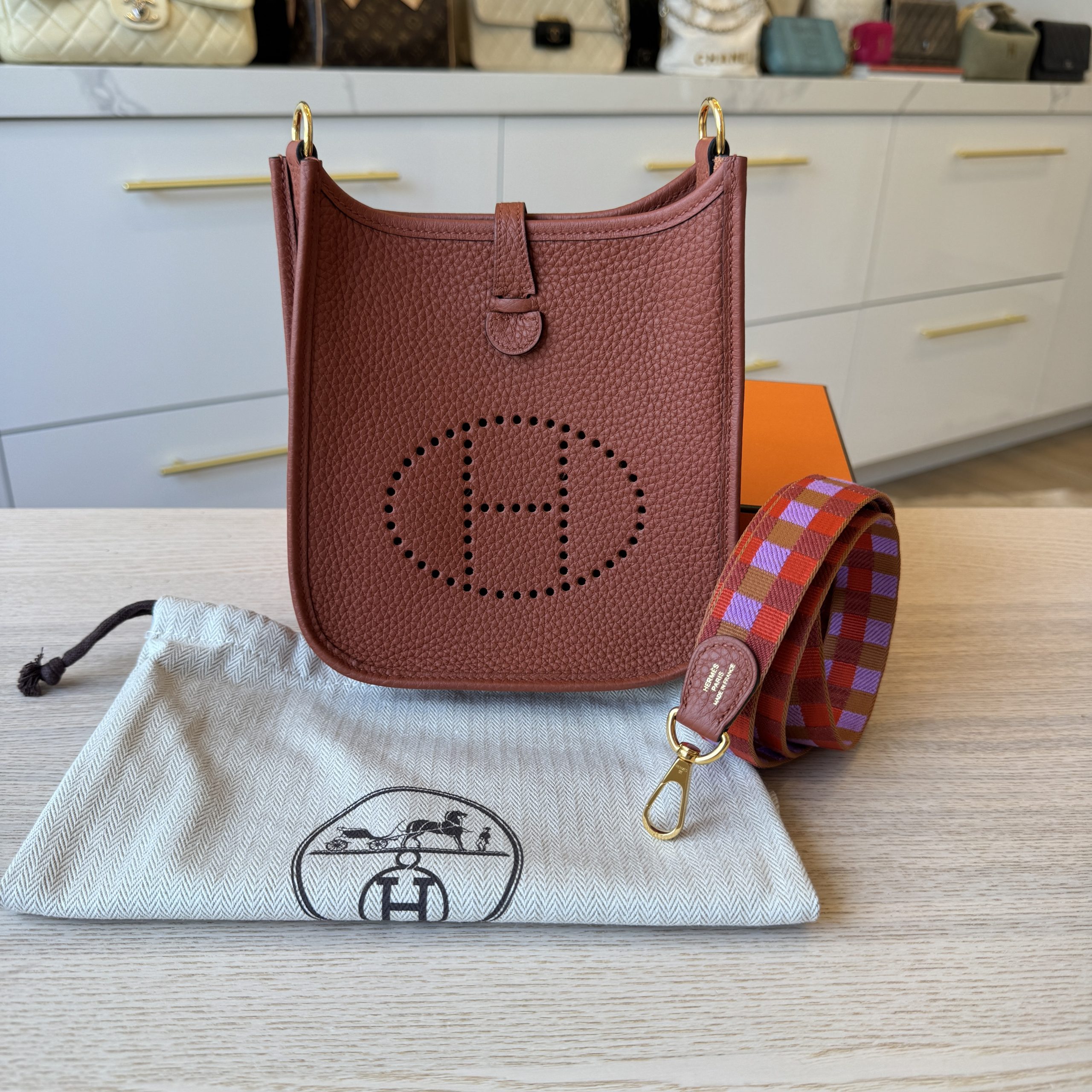 Hermes Taurillon Clemence Maxi Quadrille Evelyne TPM Cuivre