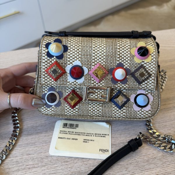 Fendi Paglia Vitello Dolce Paillettes Flowerland Studded Striped Micro Double Baguette Natural Multicolor