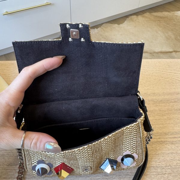 Fendi Paglia Vitello Dolce Paillettes Flowerland Studded Striped Micro Double Baguette Natural Multicolor