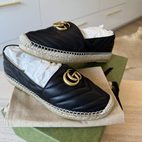 Gucci Women's GG Marmont Espadrilles Matelasse Leather Black Size 37.5