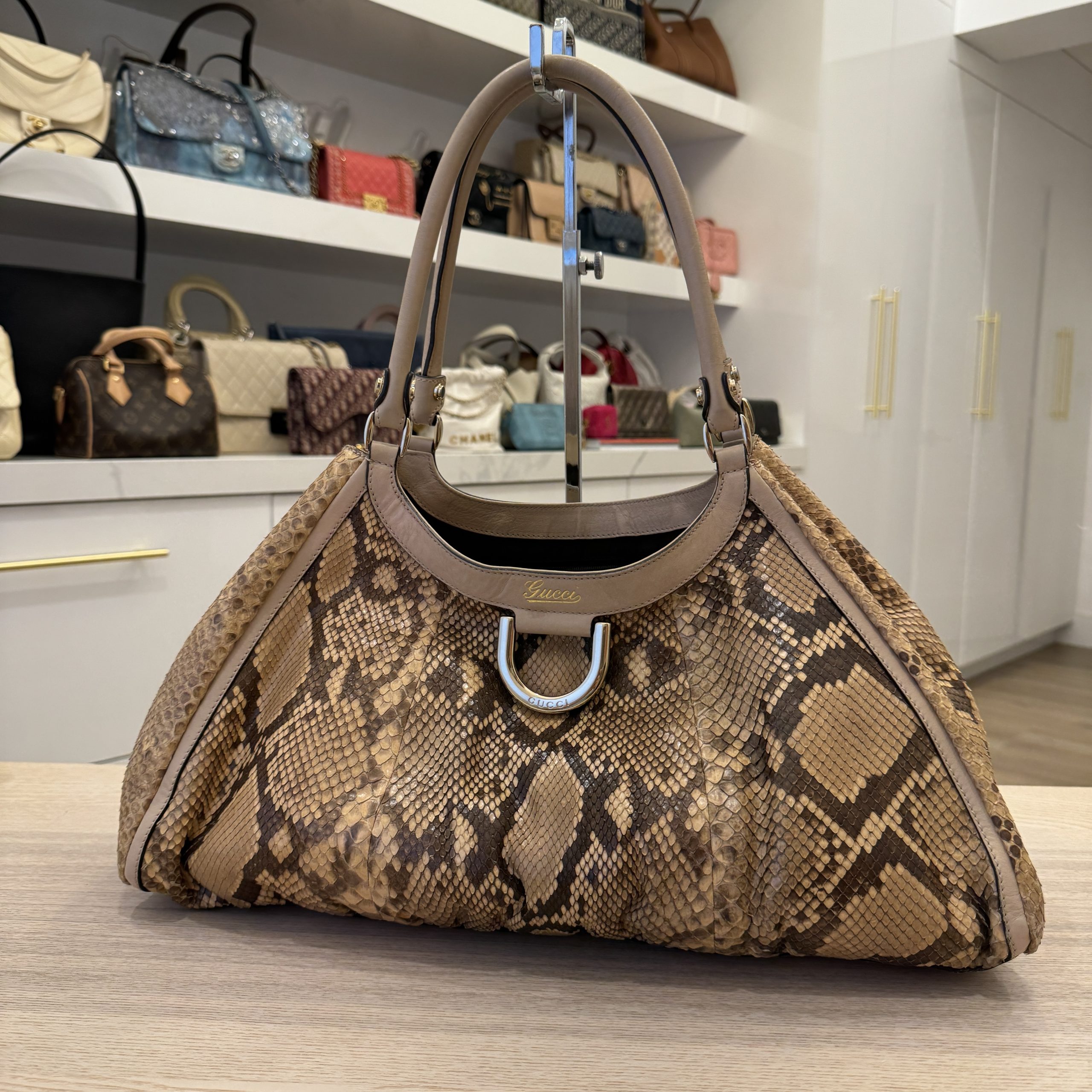 Tri-Color Python D Gold Large Hobo Bag