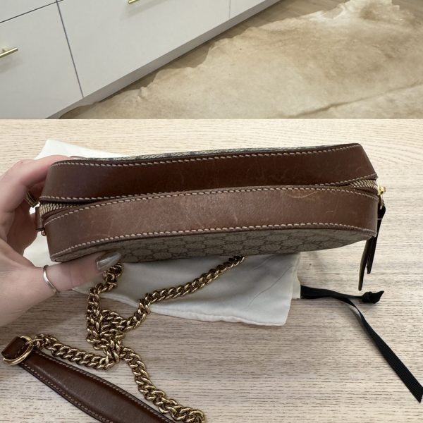 Gucci GG Supreme Monogram Cuoio Toscano Mini Chain Shoulder Bag Beige Ebony Cuir