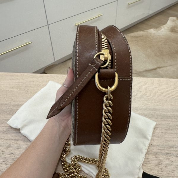 Gucci GG Supreme Monogram Cuoio Toscano Mini Chain Shoulder Bag Beige Ebony Cuir