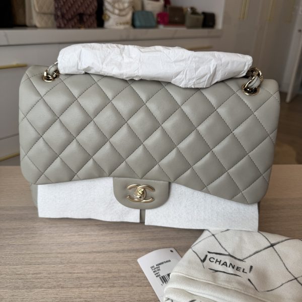 Chanel Lambskin Quilted Jumbo Double Flap Grey Gold Hardware
