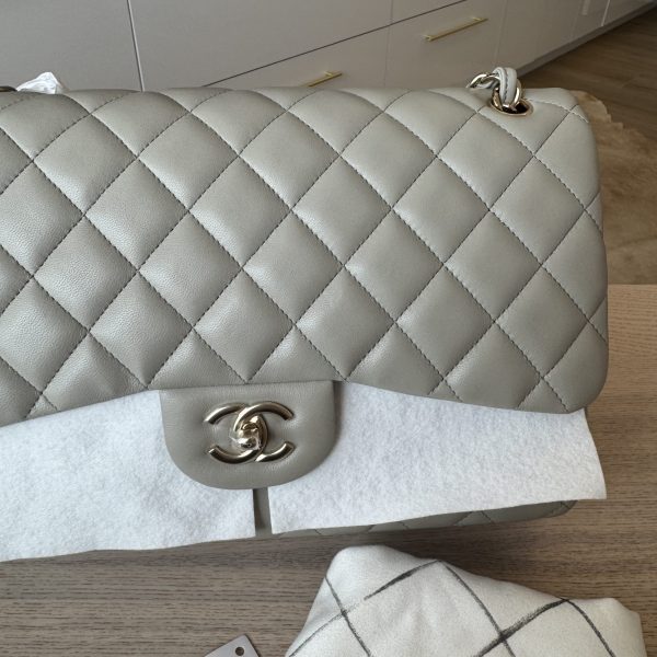 Chanel Lambskin Quilted Jumbo Double Flap Grey Gold Hardware