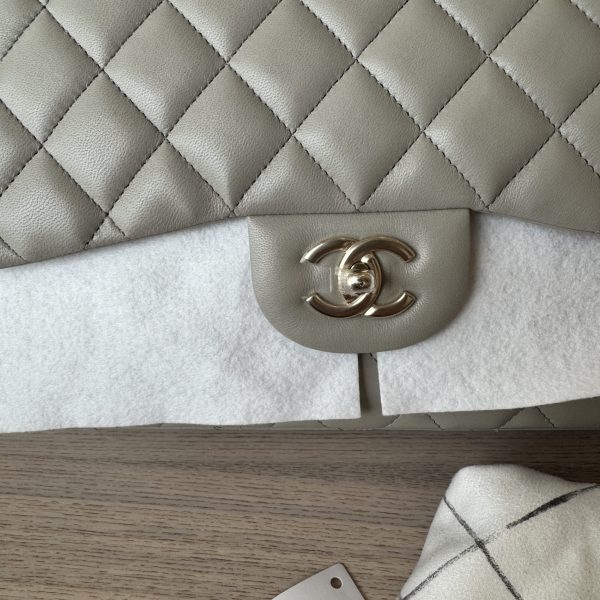 Chanel Lambskin Quilted Jumbo Double Flap Grey Gold Hardware