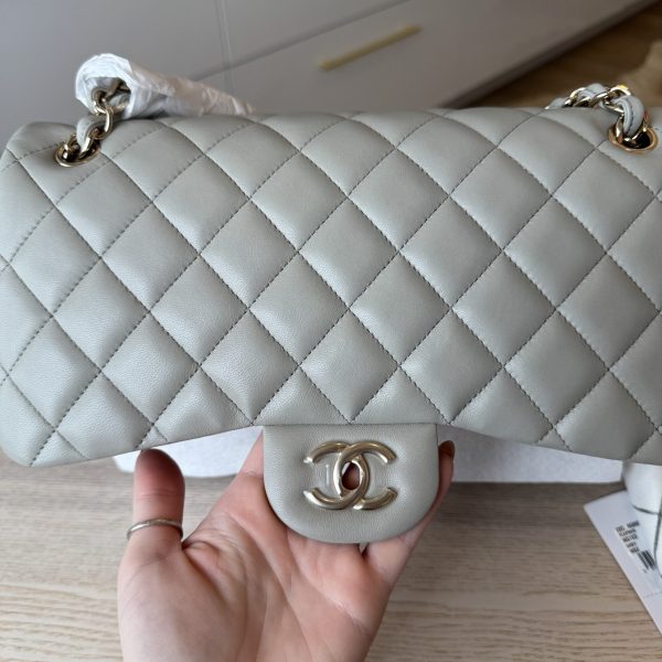 Chanel Lambskin Quilted Jumbo Double Flap Grey Gold Hardware