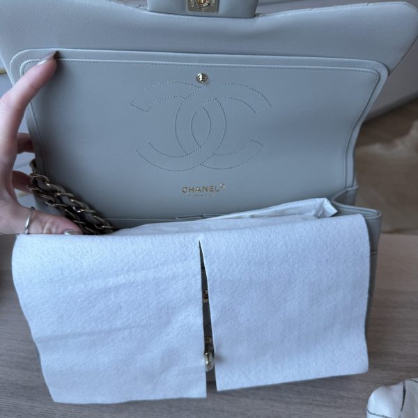 Chanel Lambskin Quilted Jumbo Double Flap Grey Gold Hardware