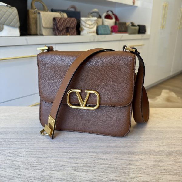 VALENTINO GARAVANI Grained Calfskin Large VSling Shoulder Bag Saddle Brown