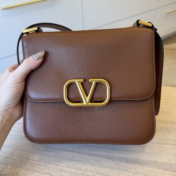 VALENTINO GARAVANI Grained Calfskin Large VSling Shoulder Bag Saddle Brown