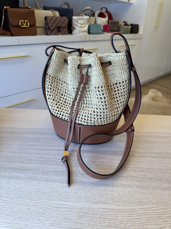 Loewe Balloon Leather Raffia Bag Brown Beige Medium