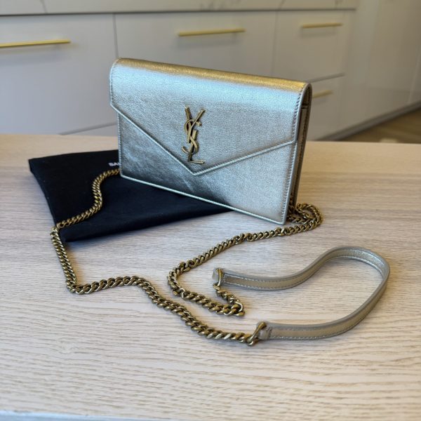 Saint Laurent Envelope Leather Chain Wallet Light Gold and Gold Hardware