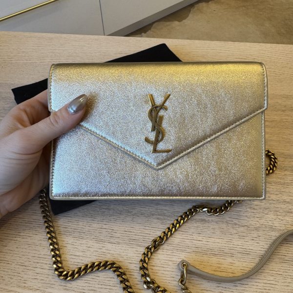 Saint Laurent Envelope Leather Chain Wallet Light Gold and Gold Hardware