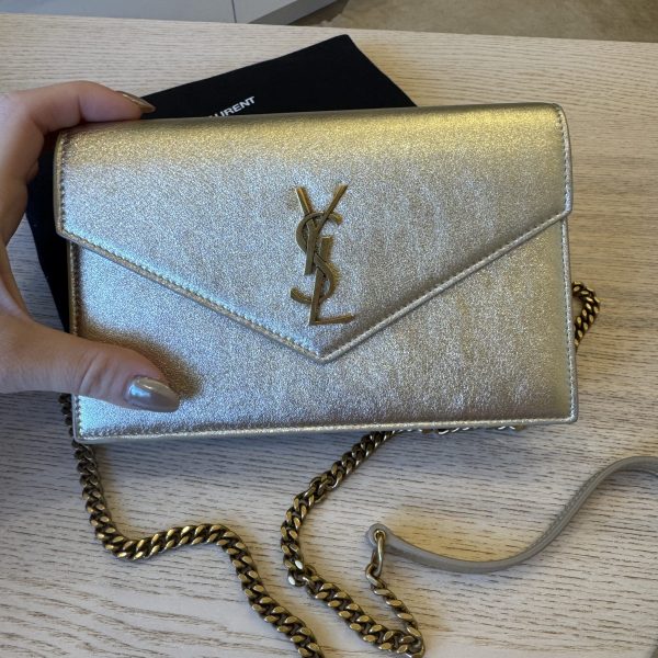 Saint Laurent Envelope Leather Chain Wallet Light Gold and Gold Hardware