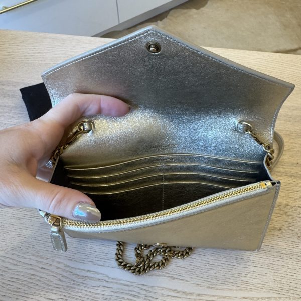 Saint Laurent Envelope Leather Chain Wallet Light Gold and Gold Hardware