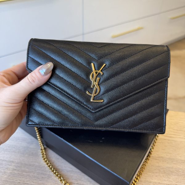 Saint Laurent Envelope Quilted Leather Chain Wallet Black and Gold Hardware