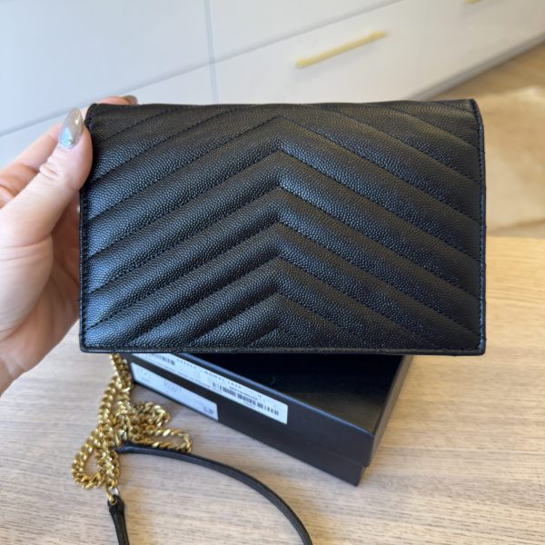 Saint Laurent Envelope Quilted Leather Chain Wallet Black and Gold Hardware