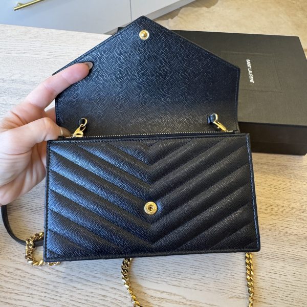 Saint Laurent Envelope Quilted Leather Chain Wallet Black and Gold Hardware