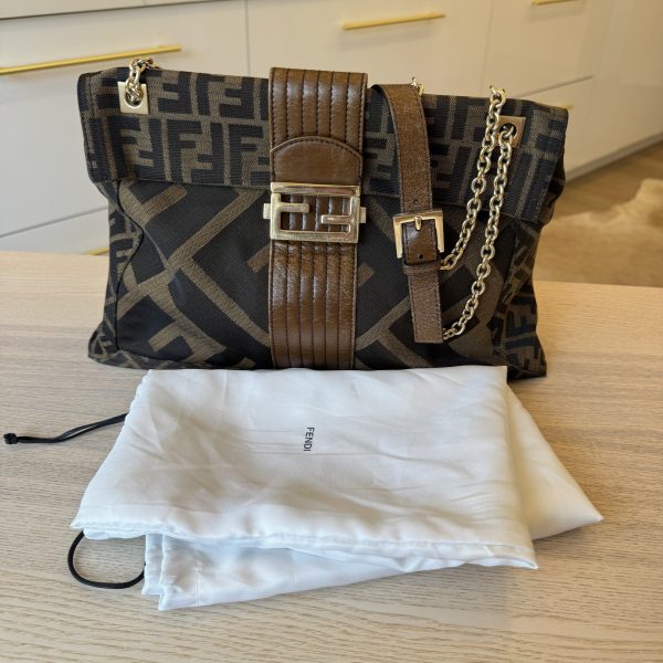 Fendi Chain Flap Shoulder Bag Zucca Canvas Large