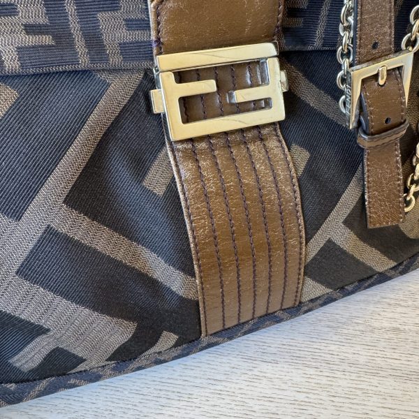 Fendi Chain Flap Shoulder Bag Zucca Canvas Large