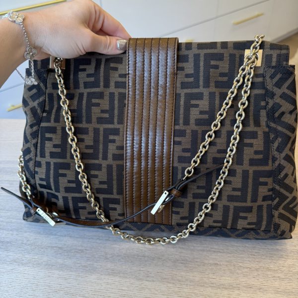 Fendi Chain Flap Shoulder Bag Zucca Canvas Large